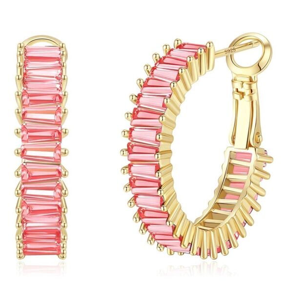 14K Yellow Gold with Rosy Pink Sapphire Cubic Zirconia Hoop Leverback Earrings - Picture 1 of 6